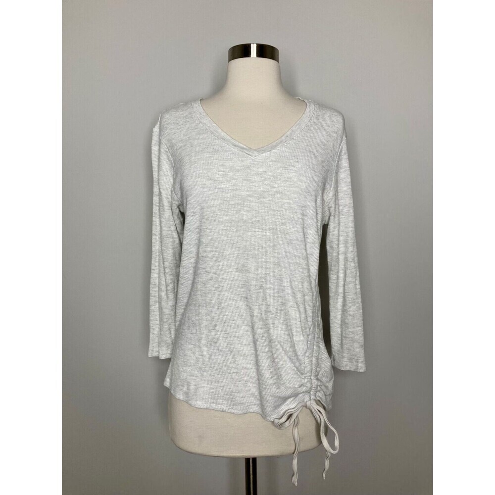 Democracy Top Women Large Light Gray‎ Ribbed V-neck 3/4 Sleeve Drawstring Tie